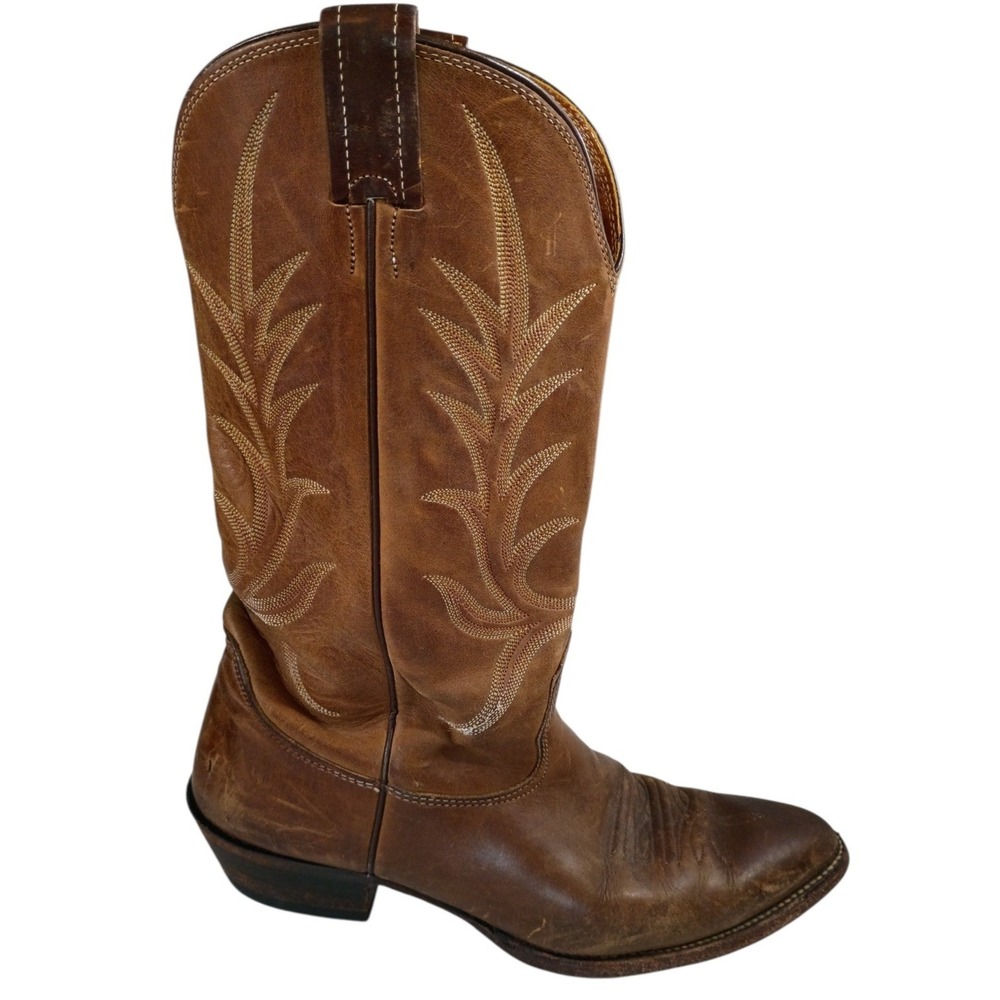 Nocona Mens Brown Leather Cowboy Boots 9.5 Distressed Western Pointed Mid Calf - Picture 4 of 11